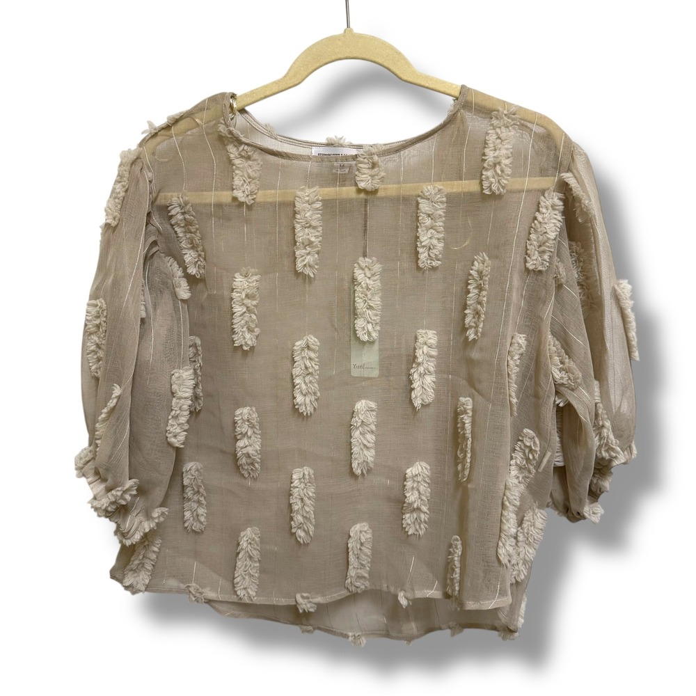 Yuni Los Angeles Sheer Embroidered Blouse Top Women Size M Beige 3/4‎ Sleeve NEW